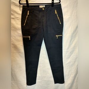 Michael Kors Black Skinny Moto Jeans with Gold Zipper Accents. Size 8